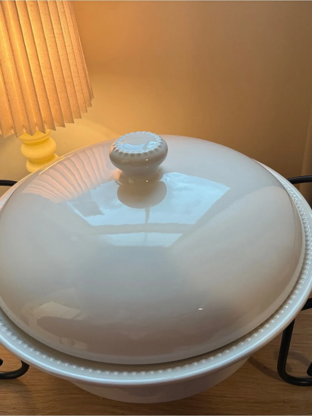 White Covered Casserole Dish with Black Metal Stand - Home Kitchen